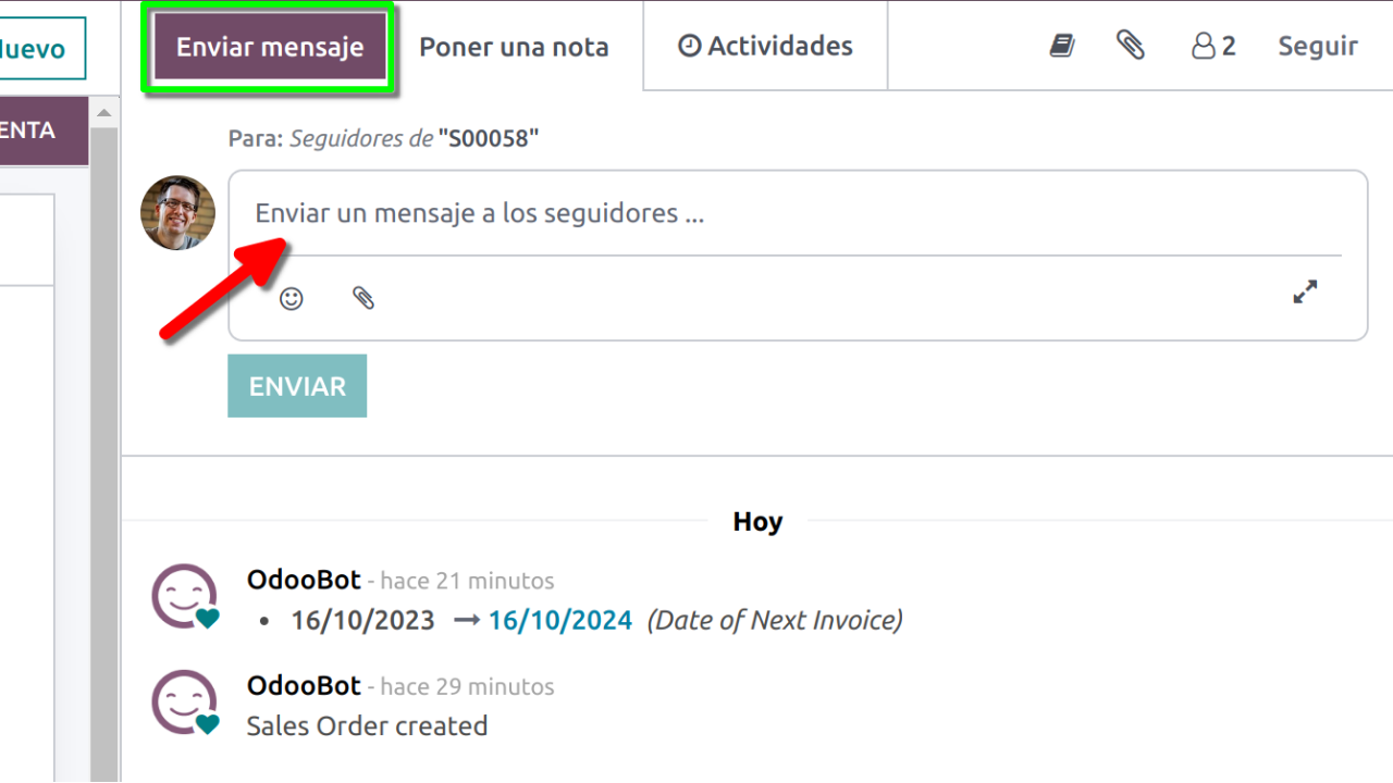 Pantalla de enviar mensaje en Chatter de Odoo