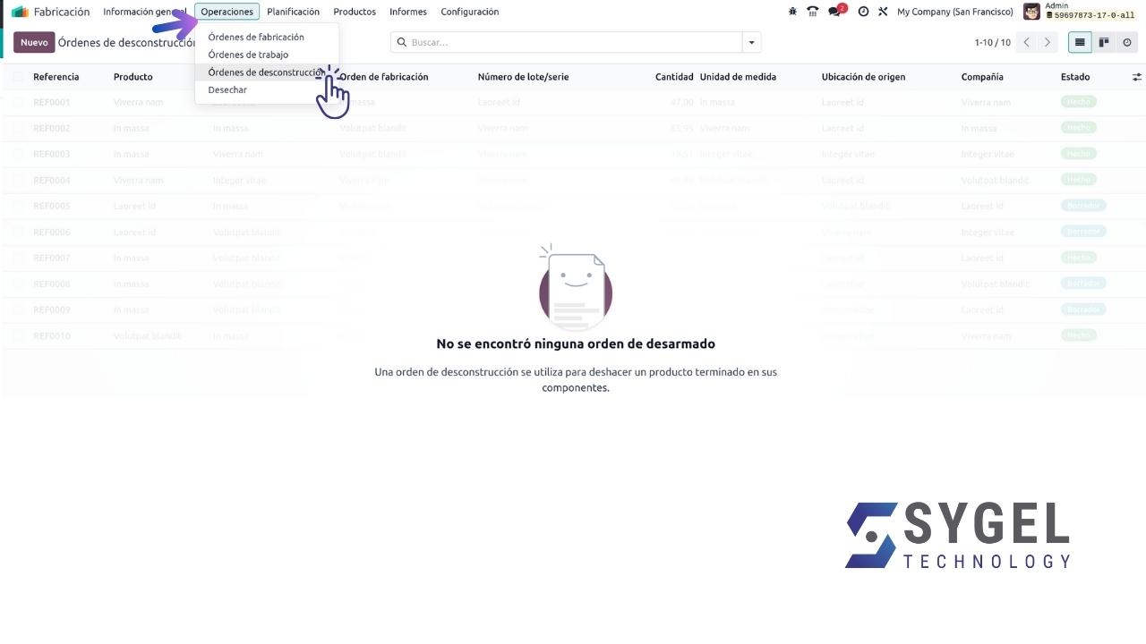 Acceder a ordenes de desmontaje - Odoo