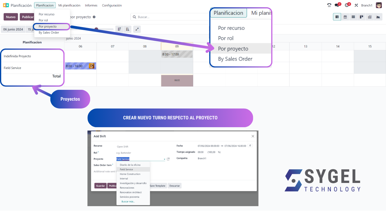 Visualizar por proyecto en módulo planning