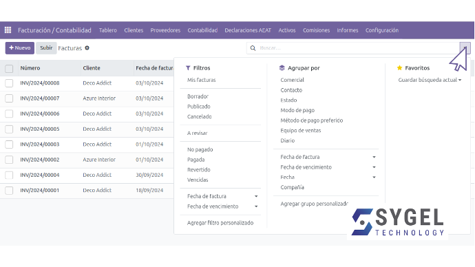 Acceso a filtros y agrupaciones desde la barra de búsqueda